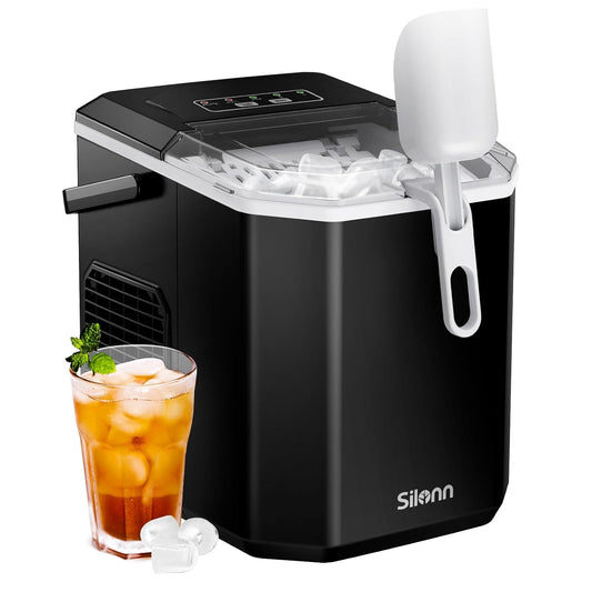 Silonn Ice Maker Countertop, Portable Ice Machine with Carry Handle, Self-Cleaning Ice Makers with Basket and Scoop, 9 Cubes in 6 Mins, 26 Lbs per Day, Ideal for Home, Kitchen, Camping, RV